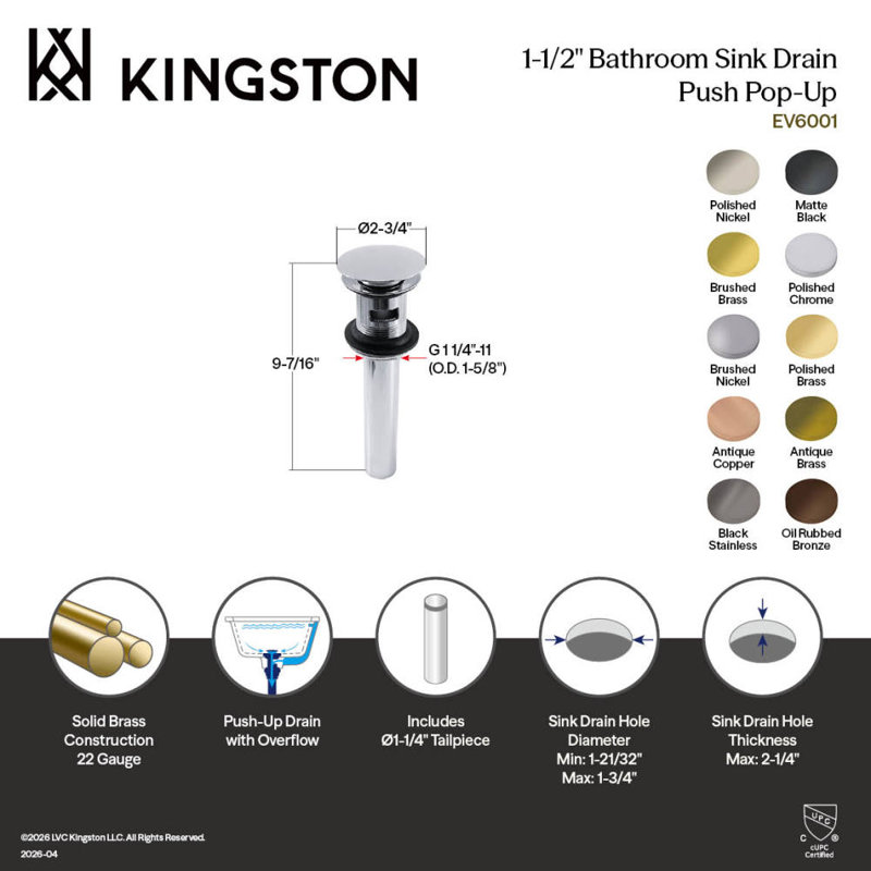 Kingston Brass Push Pop-Up Bathroom Sink Drain with Overflow, 22 Gauge, Black Stainless