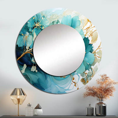 Seerit Teal Gold Abstract Fractal Mystic Mirage I - Fractals Decorative Wall Mirror, Teal Round Mirror, Printed Metal Art