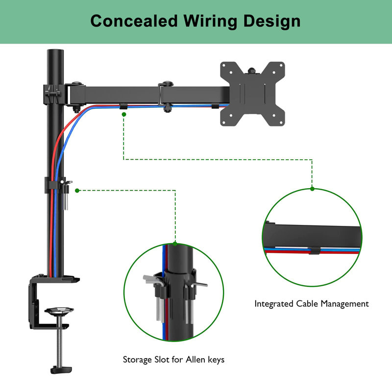 ERGOMAKER Single Monitor Mount for Desk, Monitor Stand Fits 13" to 27" LCD Screens, Fully Adjustable Display Arm with C-Clamp and Grommet Base, VESA 75x75 100x100mm, Black