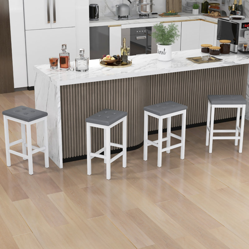 Ebern Designs 24'' Upholstered Bar Stools Set Of 4 Home Kitchen Stools W/ Solid Wood Support Legs, White, Gray