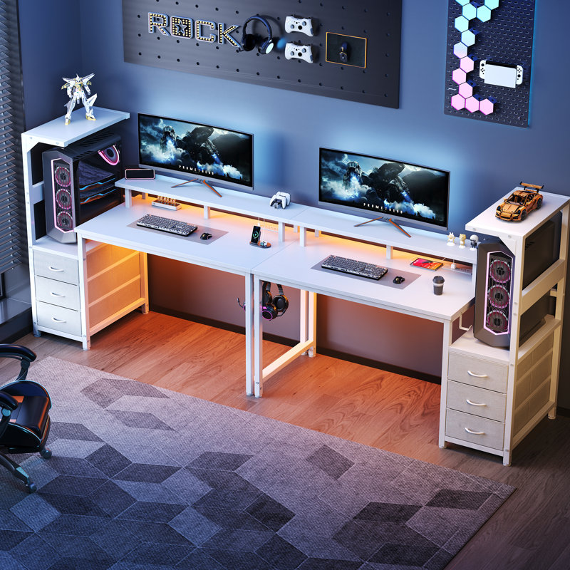 52 Inch Fixed Office Desk, 3 Drawer Side Storage Shelf with LED Lighting & Power Strip, 45.3" H x 52" W x 50.5" D, White