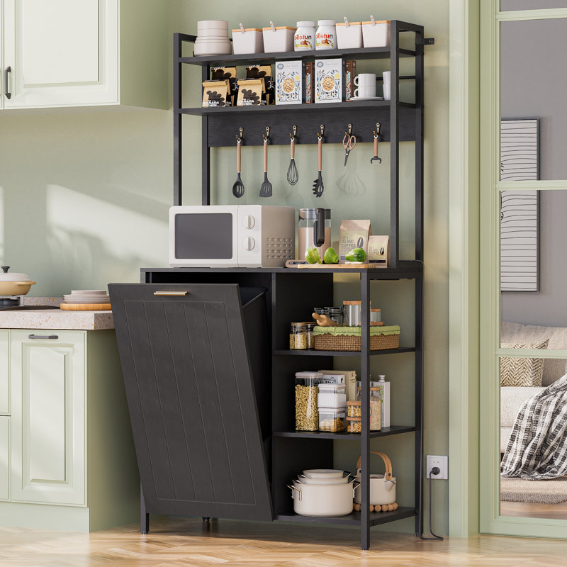 Kitchen Bakers Rack with Power Outlets, Microwave Oven Organizer with Tilt Out Trash Can Cabinet Storage Shelf 6 Tiers, Black