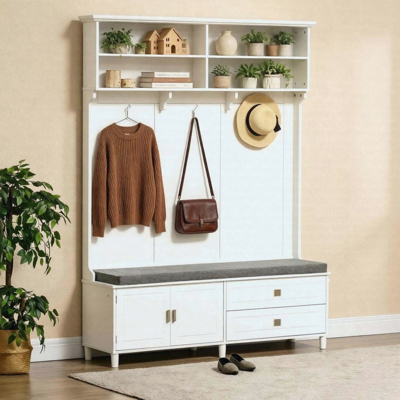 Arbre d'entrée élégant avec banc de rangement, portemanteau, tiroirs et armoire à chaussures