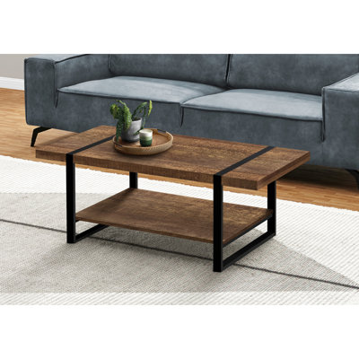 Table de salon rectangulaire brune de 48 po de longueur, pieds en métal noir, style moderne, meuble à tablette supplémentaire L 48 po, stratifié, métal, style industriel contemporain