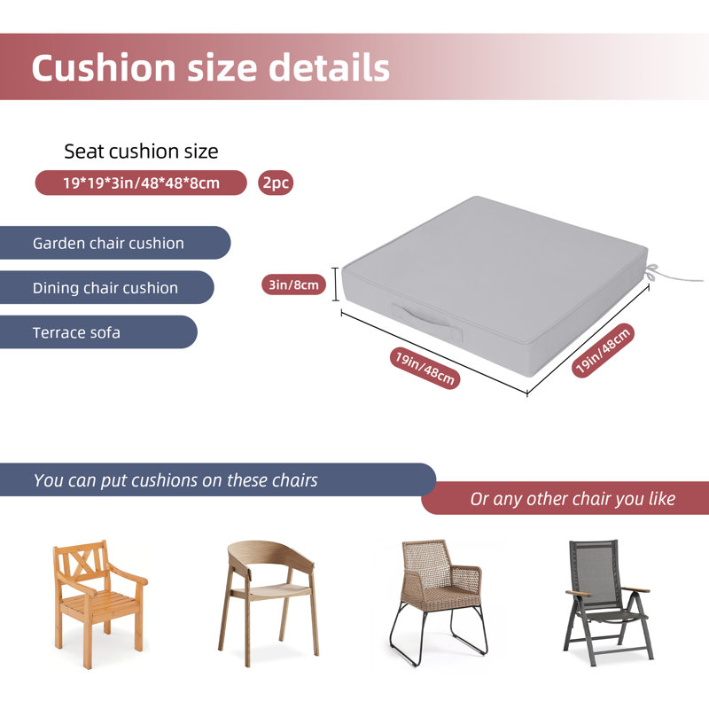 Outdoor Square Chair Cushions, 2-Piece Set,19*19*3 Inches, Splash-Proof & UV-Resistant Patio Cushions with Carrying Handles & Securing Straps，Gray