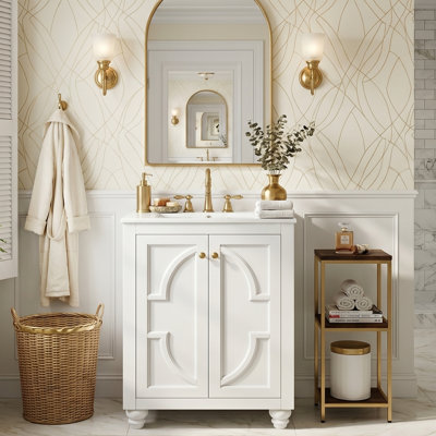 24" Freestanding Bathroom Vanity With Ceramic Sink, Solid Wood Blend Cabinet With French Cylinder Legs & Ornate Elliptical Motif & Adjustable Shelf, White/Blue