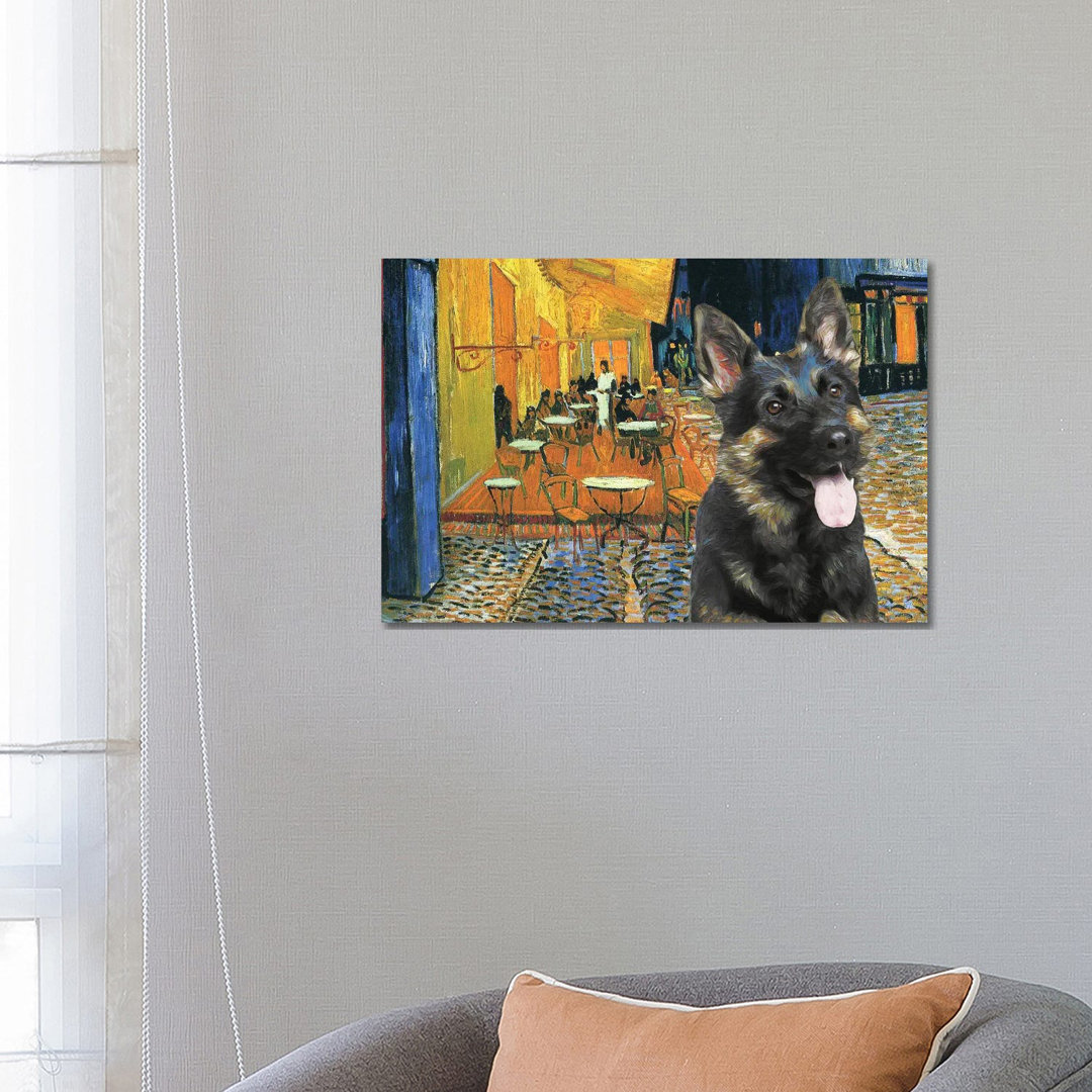 German Shepherd Cafe Terrace at Night - Wrapped Canvas Art Prints