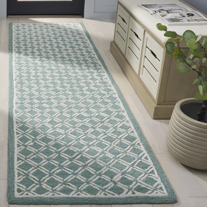 Tapis en laine / coton touffeté à la main genre genre 350 - vert / ivoire, Tapis de couloir 2 pi 3 po x 8 pi