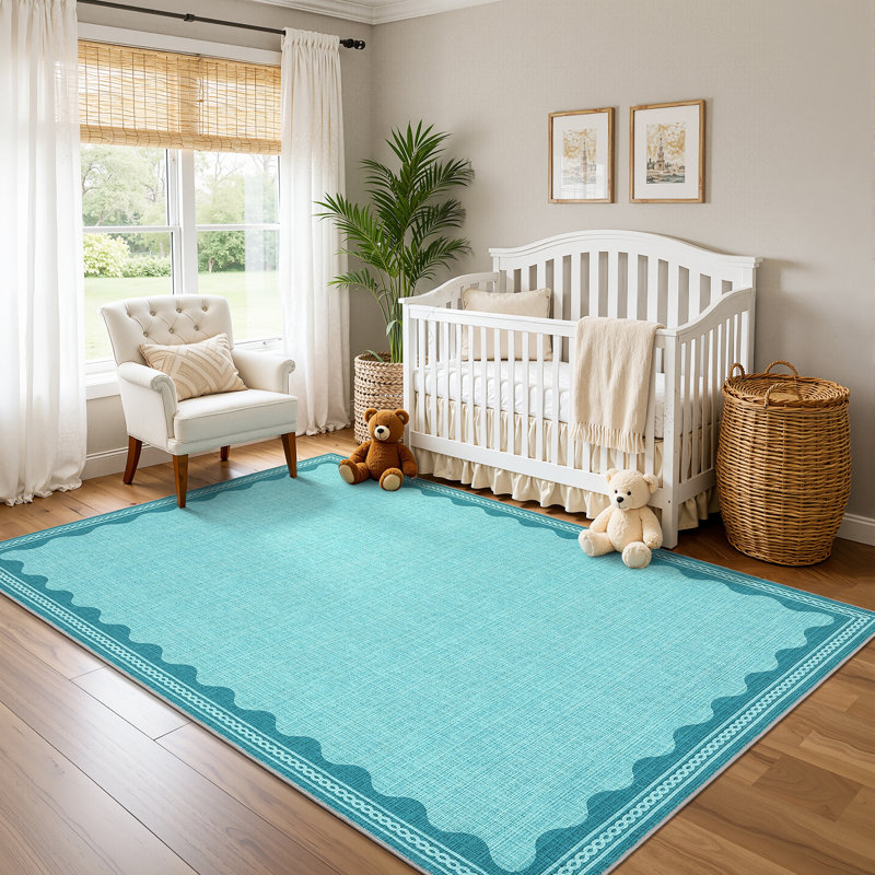 Tapis festonné et lavable pour tapis de chambre à coucher moderne, Sarcelle, Rectangulaire 8 pi x 10 pi