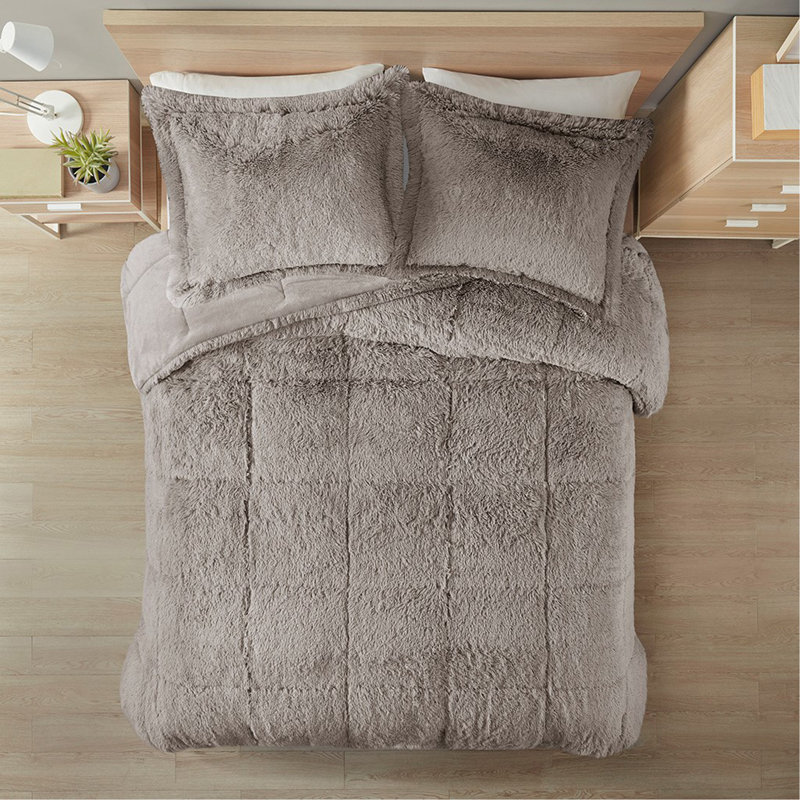 Ensemble d'édredon à poil long double / grand, Édredon pour grand lit + 2 taies décoratives, Brun
