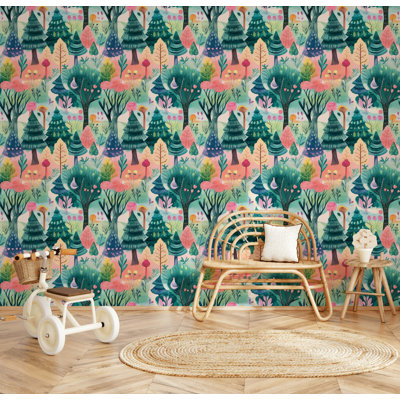 Enchanted Pastel Forest Wallpaper Wall Mural | Whimsical Kids Decor