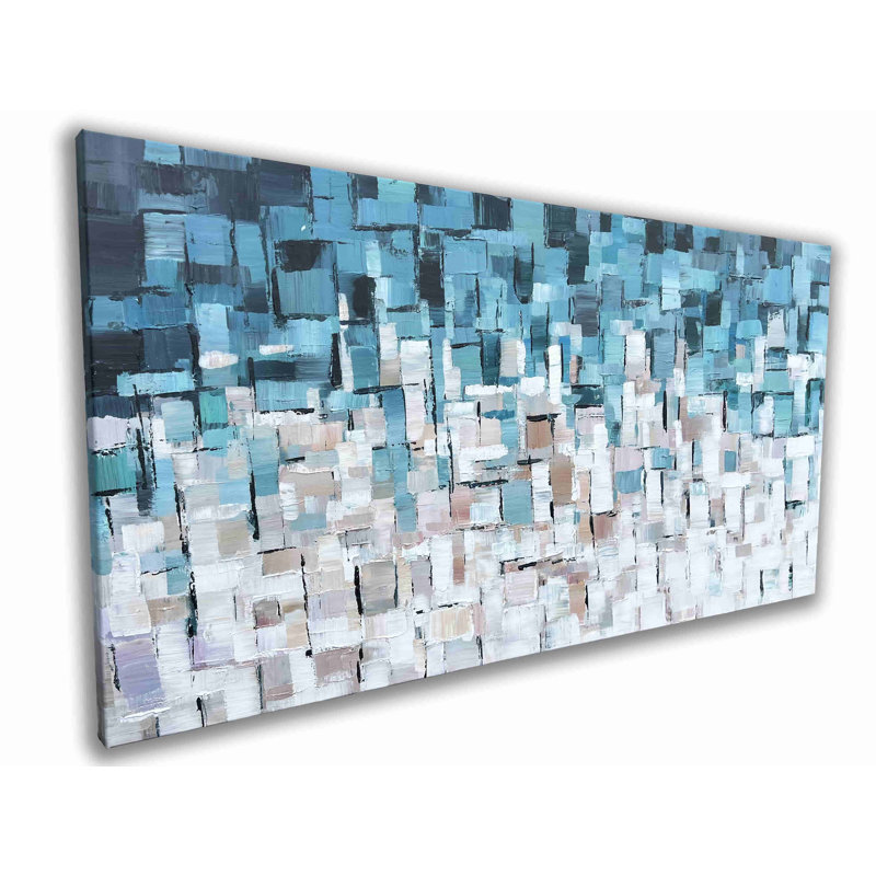 Aqua Geometric Patchwork Canvas Art, 20" H x 40" W x 1.5" D
