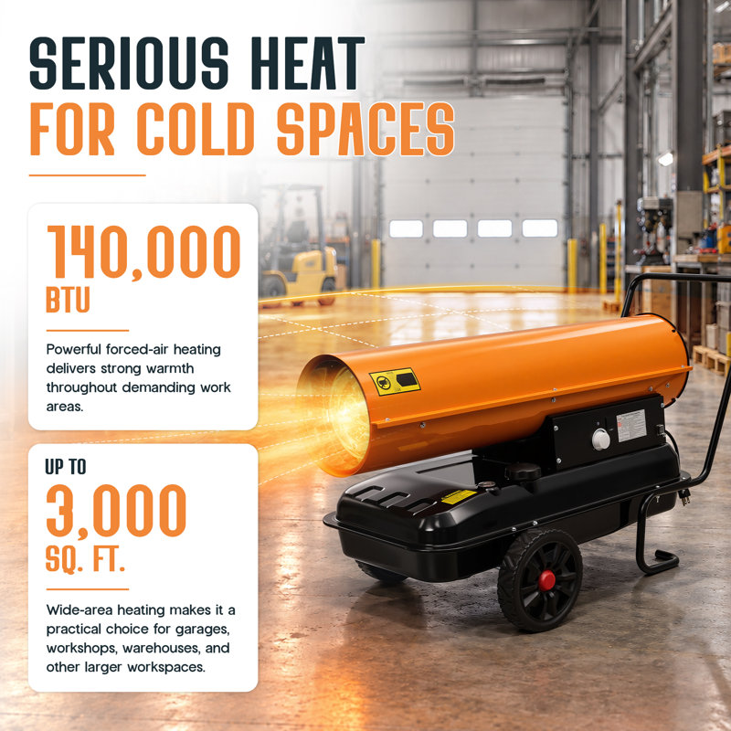 fissfire 140,000 BTU Kerosene Forced Air Heater with Thermostat, Kerosene Space Heater with Wheels, 3000 Sq. Ft., 10 Gal Fuel Tank, Up to 10-Hour Runtime, 40°F–110°F Adjustable Thermostat