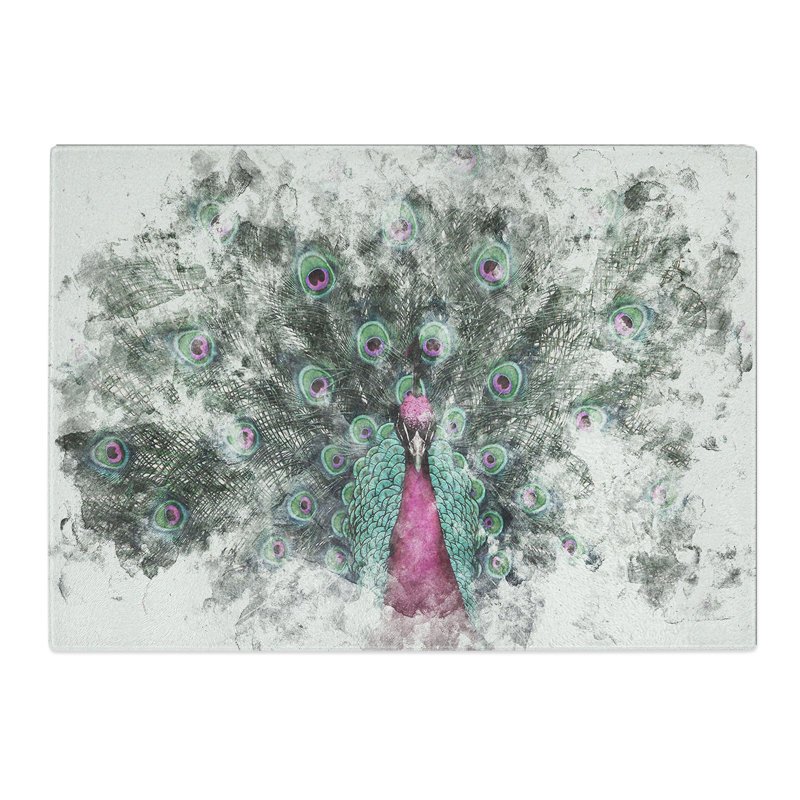 Tempered Glass Mesmerising Pink & Green Peacock Chopping Board, 28.5 cm x 39 cm