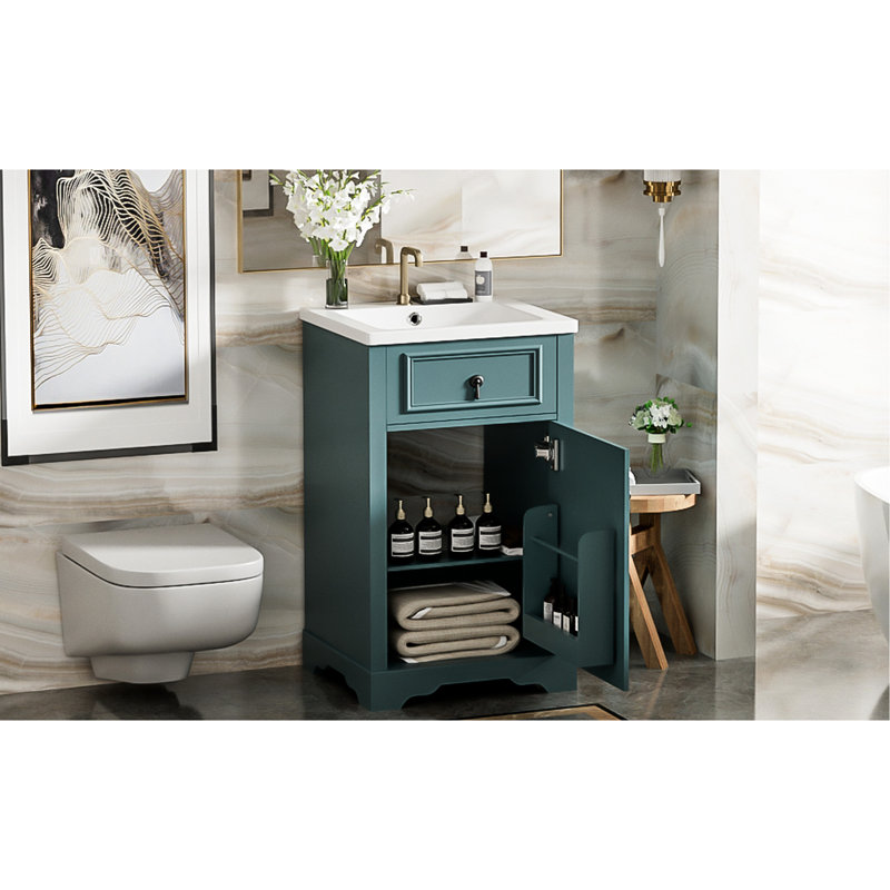 Meuble-lavabo de 20 pouces pour les petites salles de bain: structure en bois massif, lavabo en céramique et poignée en alliage d'aluminium avec charnières à fermeture douce et silencieuse, utilisation quotidienne avec rangement intelligent