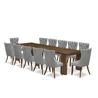Ensemble de salle à manger extensible 13 pièces comprenant une table rectangulaire et 12 chaises de salle à manger en tissu de polyester gris clair, noyer antique