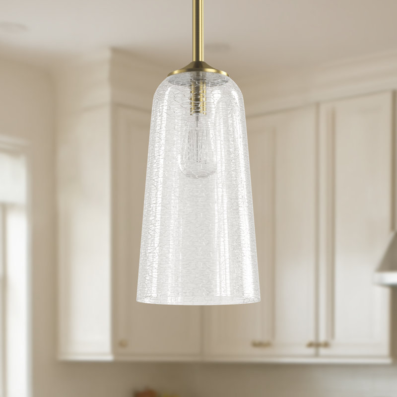 1-Light 6.1" W Dimmable Bell Pendant Light with Glass Shade, Polished Brass Rod/White Glass Shade
