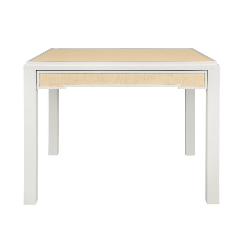 Square Two Drawer Game Table In Matte White Lacquer Frame And Inset Natural Grasscloth