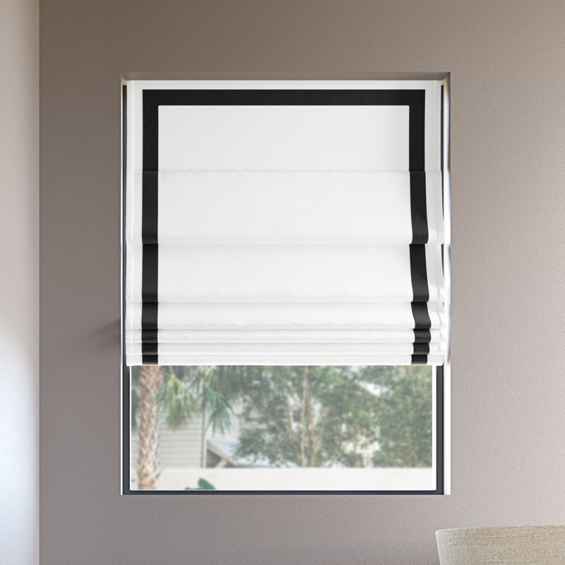 Sun Zero Olander Ribbon Border 100% Blackout Cordless Single Roman Shade, 33"W x 64"L, Black/White