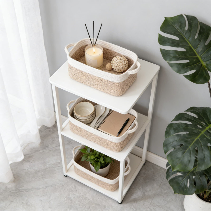3-Pack Woven Cotton Rope Storage Baskets With Handles, Foldable Rectangular Organizer Bins For Shelves, Closet, And Toy Storage