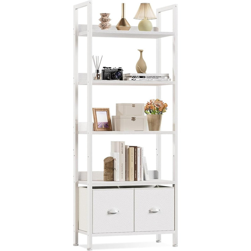 Bibliothèque moderne à 5 niveaux avec tiroirs, finition blanche, rangement en bois et métal