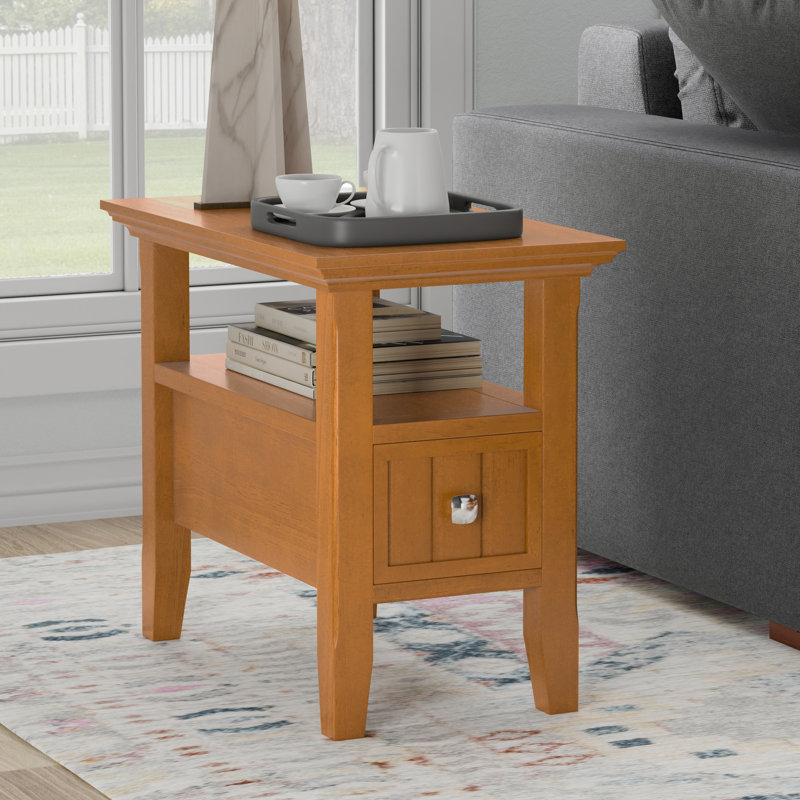 Acadian Solid Wood Transitional Narrow Side Table with Drawer and Open Shelf, 20" H x 14" W x 24" D, Light Golden Brown