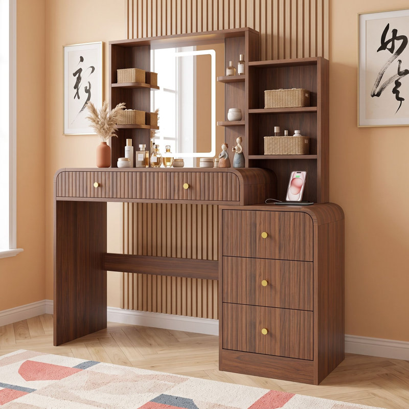 Bureau de maquillage avec 5 tiroirs, tablettes de rangement et station de charge, Espresso