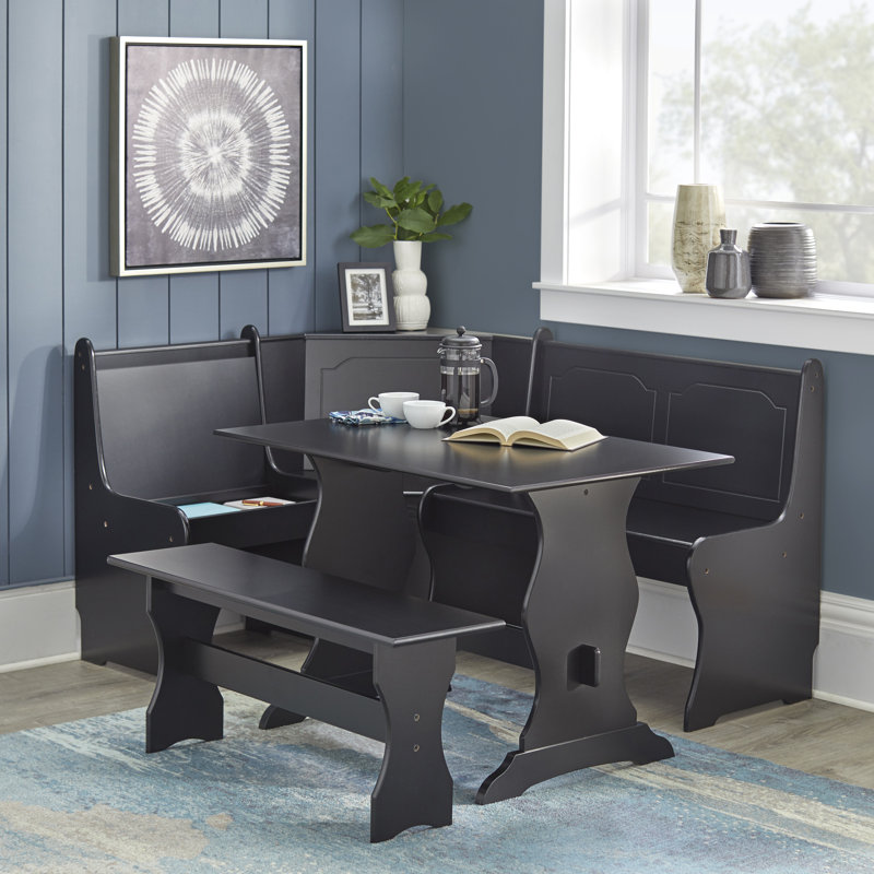 Bruce 3 Piece Nook Dining Set With Hidden Storage, Black