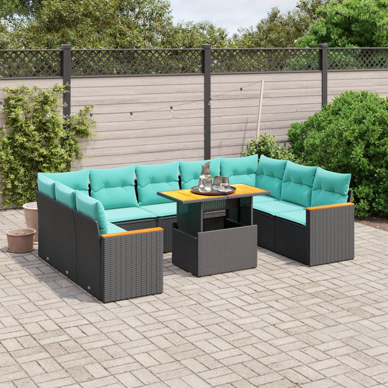  Ensemble de canapé de patio 10 pièces avec coussins en rotin de polyester, Noir, Vert