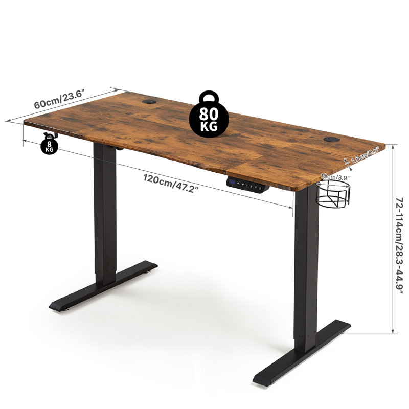 Naitik 48''W Height Adjustable Metal Base with Desk, Brown/Black