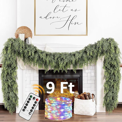 Cedar Christmas Garland With Lights For Mantle - Decorations 9ft Realistic Lighted Faux Pine Garlands For Xmas Home Decoration Indoor Stairs Railing Fireplace Outdoor 9 Ft Prelit Garland Door Decor