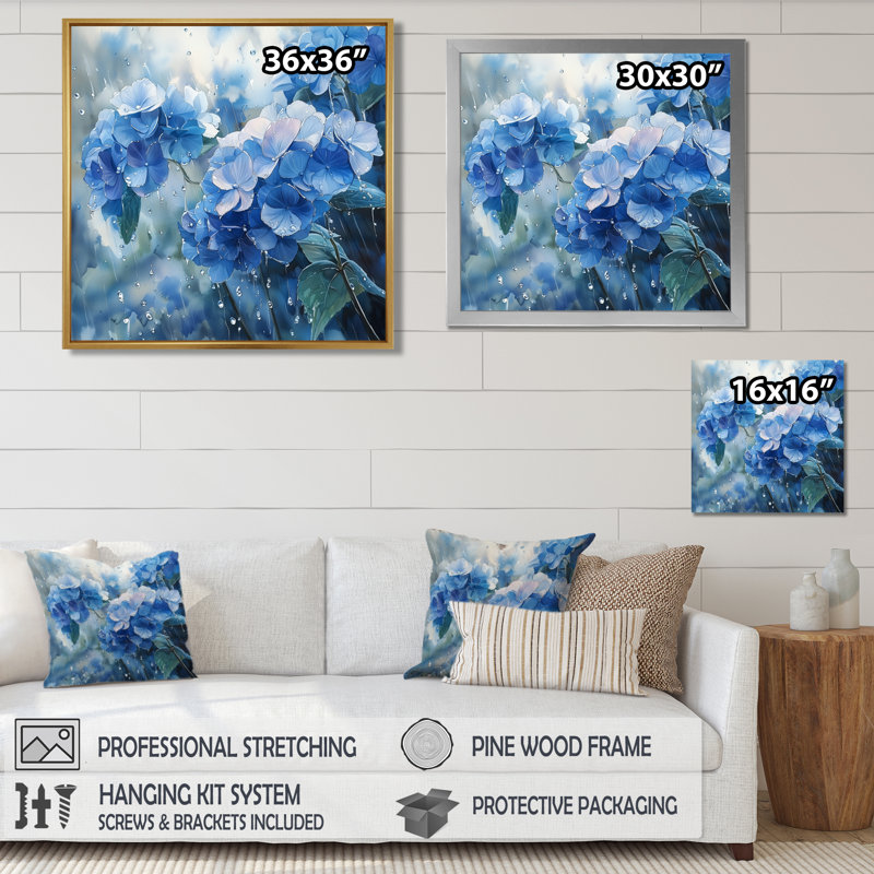 Hortensias dans la pluie printanière II - hydrangées, art mural, H 16 po x l 16 po, Reproduction encadrée d'une seule photo