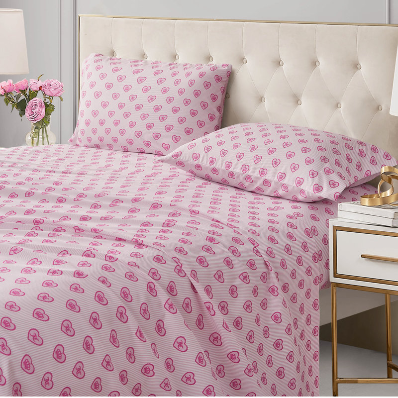 Juicy Couture Printed Microfiber Sheet Set, Queen, Scallop Heart Stripes Pink