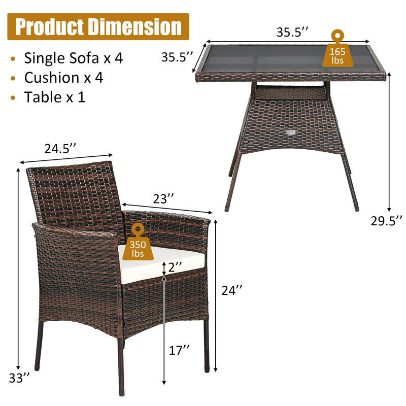 4 - Person Wicker Patio Dining Set with Square Table , Cushions Included