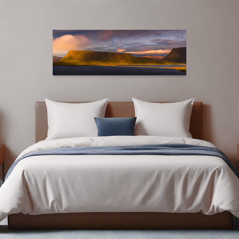 Dramatic Fjord Sunset Dramatic Peaceful Serene Coastal Landscape, art mural, H 16 po x l 48 po