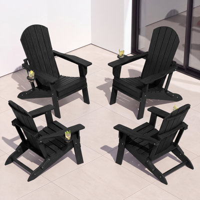 Ensemble de 4 chaises Adirondack pliantes, texture bois, porte-gobelet, PEHD toutes saisons