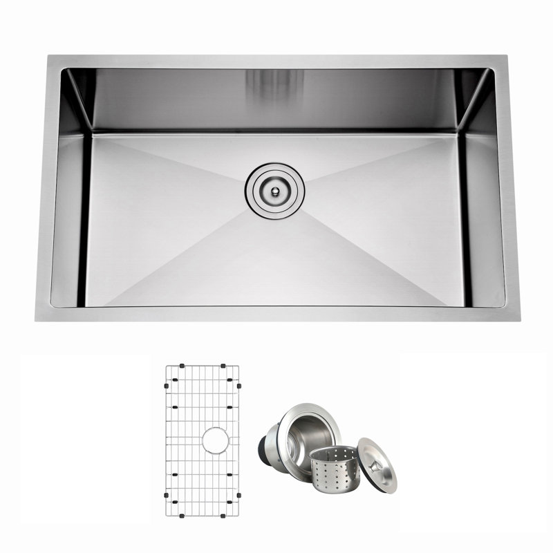 Blenzia 30 Inch Undermount Kitchen Sink 304 Stainless Steel 16 Gauge Single Bowl Rectangular Handmade Deep Sinks With Strainer & Bottom Grid 30" X 18" X 10"
