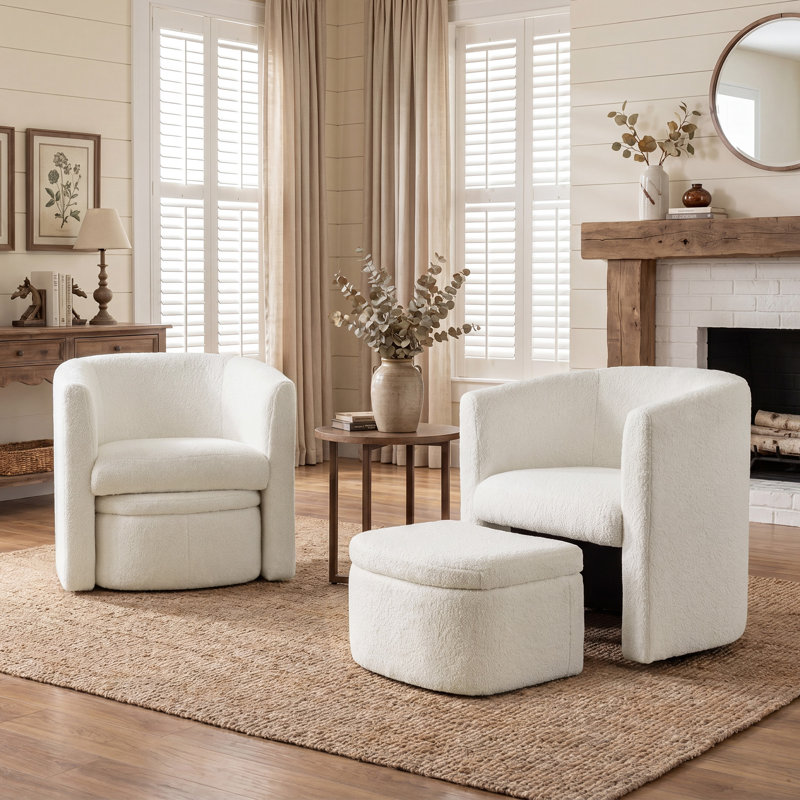 Kyah Upholstered Barrel Chair with Footstool, Cream Faux Fur