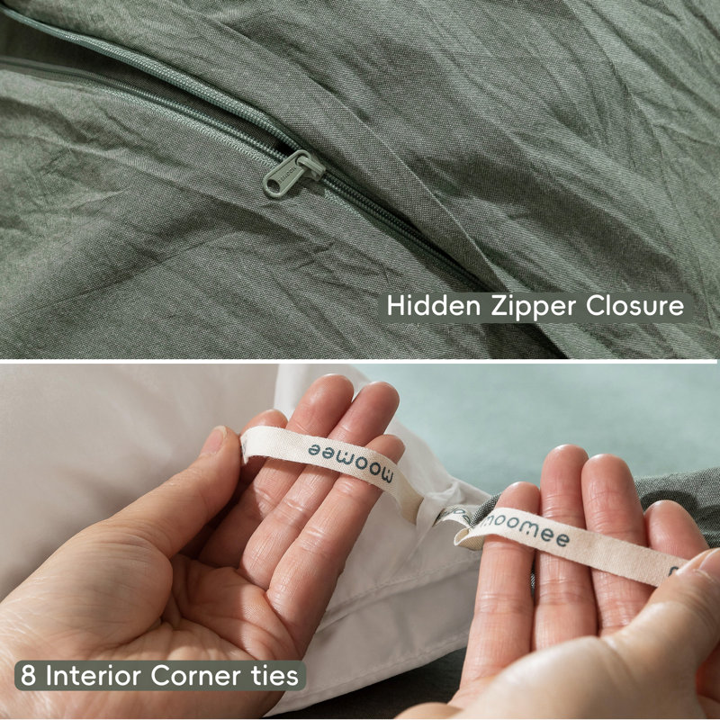 MooMee Lightweight Duvet Cover Set with Zipper Closure 8 Ties 100% Washed Cotton Linen Like Textured Soft Breathable All-Season