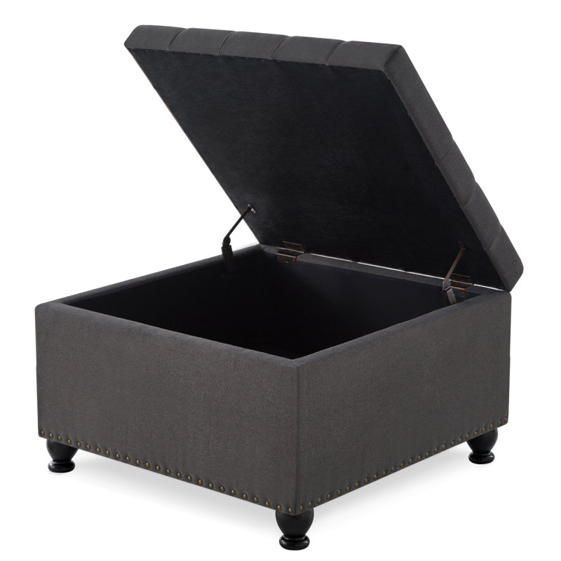Grand repose-pieds carré avec rangement et pieds en bois, table basse capitonnée avec garniture cloutée pour espace de vie, gris foncé