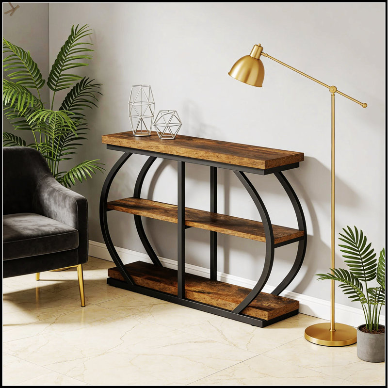 Vaste table de rangement, console avec deux cadres en métal arqués et une finition rustique pour un décor industriel moderne