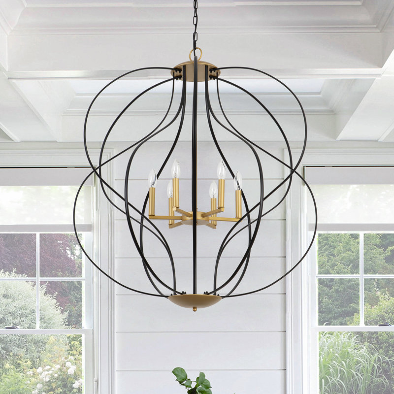 Avers 35.4" W 6-Light Dimmable Sloped Ceiling Compatible Geometric Chandelier, Matte Black/Gold