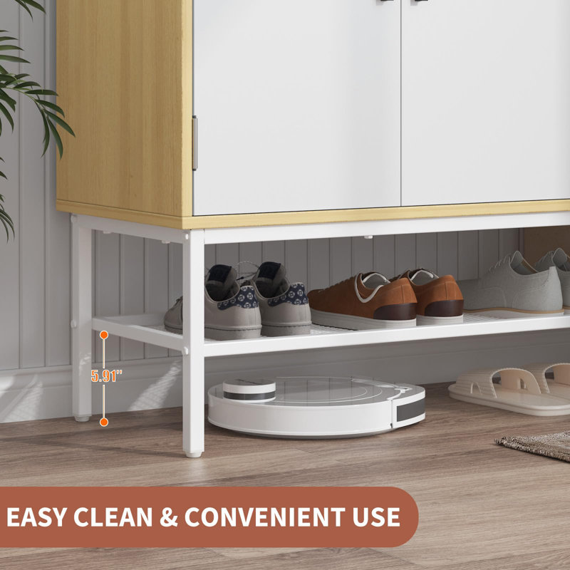 Armoire à chaussures 4 portes, tablettes réglables, peut contenir 30 paires, blanc campagne / naturel