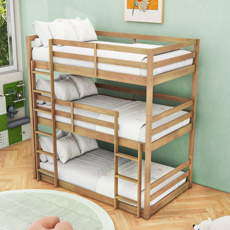 Twin Over Twin Over Twin Wooden Bunk Bed With Detachable Design And Ladder, White Oak