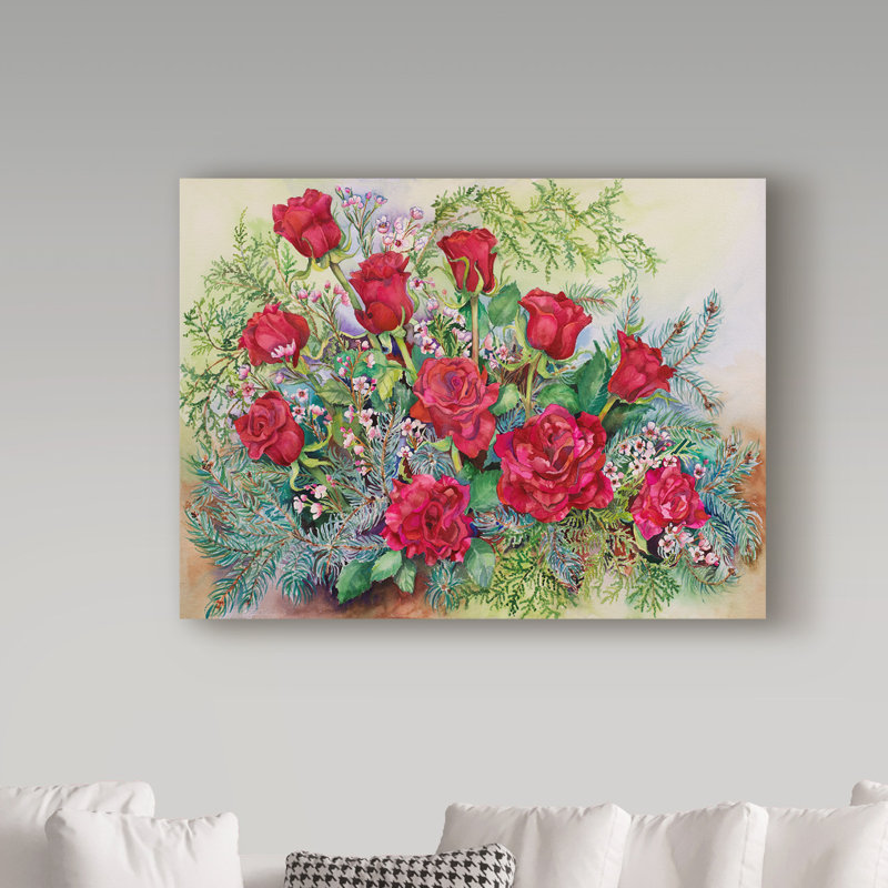 Deetra «Red Roses With Evergreen», reproduction de peinture acrylique sur toile tendue, H 14 po x l 19 po x P 2 po