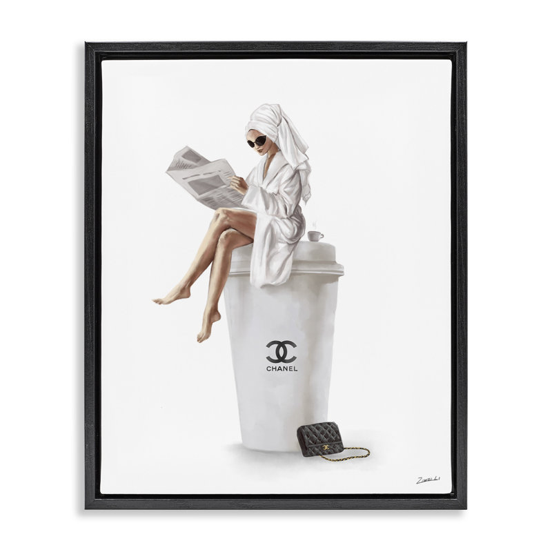 "Chic Fashion Coffee & Purse Femelle", art mural encadré par Ziwei Li, Cadre flottant noir de jais