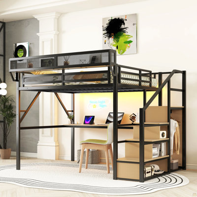 Lit mezzanine Queen avec bureau et station de recharge, lit mezzanine en métal Queen avec escalier et éclairage