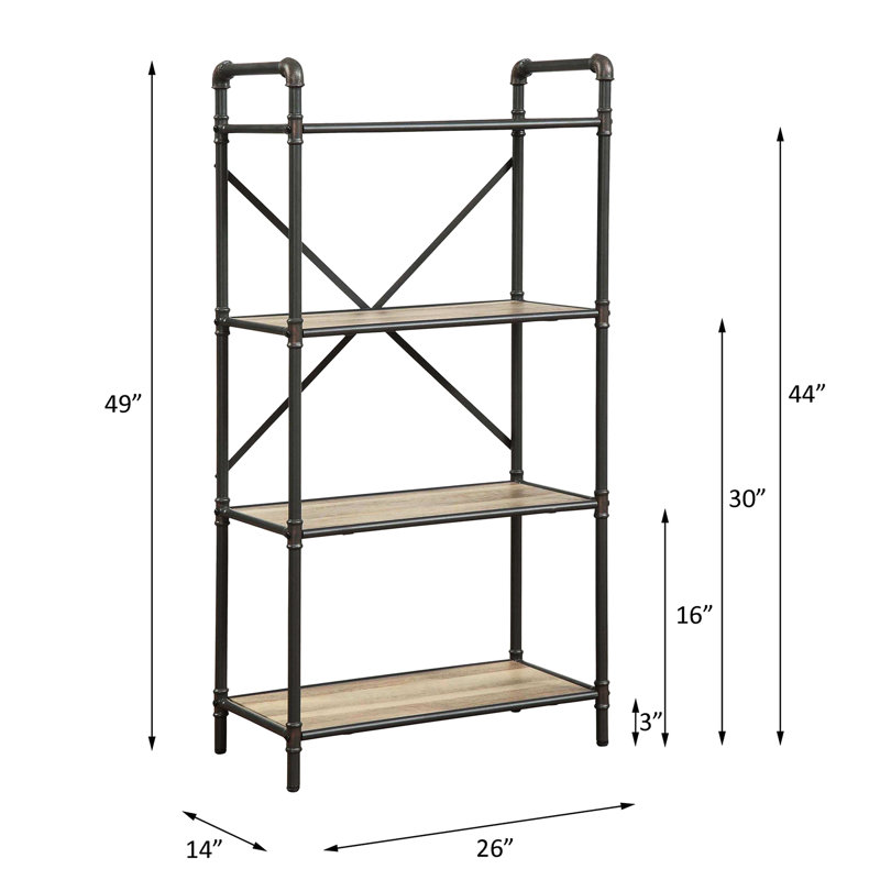 Rectangular 4 Tier Bookshelf In Antique Oak And Sandy Gray, Metal Steel Tube, 23.5" X 13.2" Shelves, Open Back, Kd Assembly, Round Tube With Powder Coated Industrial Pipe Castings Hand Brushed Finish