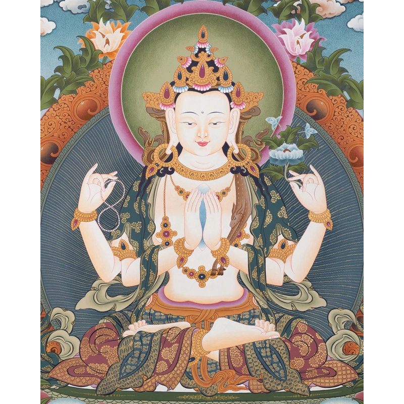 Large Chengrizig With 5 Buddhas (Brocadeless Thangka)