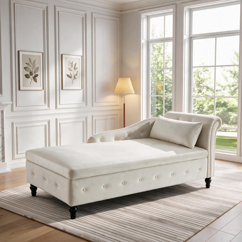 Méridienne surdimensionnée rembourrée en velours avec rangement caché L 74 po Maci, Orienté vers la gauche, Beige